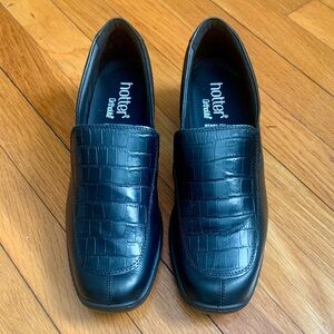 Hotter Calypso II Jet Black Crocodile Leather Slip-On Shoes - Size 10